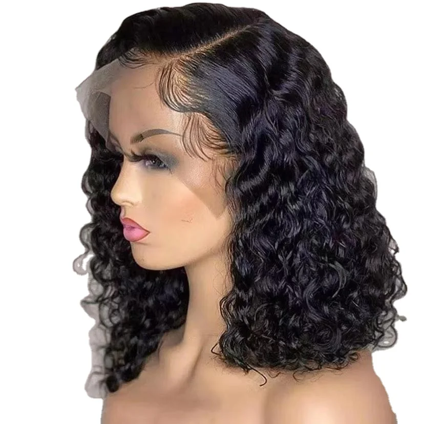 Wholesale Peruvian Short Bob Wigs Kinky Curly Human Hair HD Lace Front Wig For Black Women Deep Water Wave Human Hair Wig