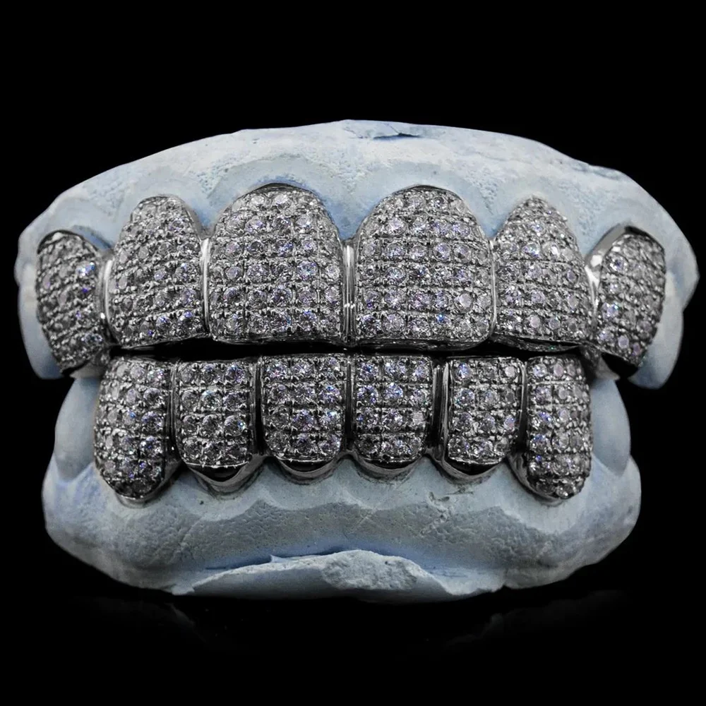 Hip Hop Custom Teeth Moissanite Silver Grillz 10 Top 10 Bottom Iced out vvs Diamond Moissanite Grillz