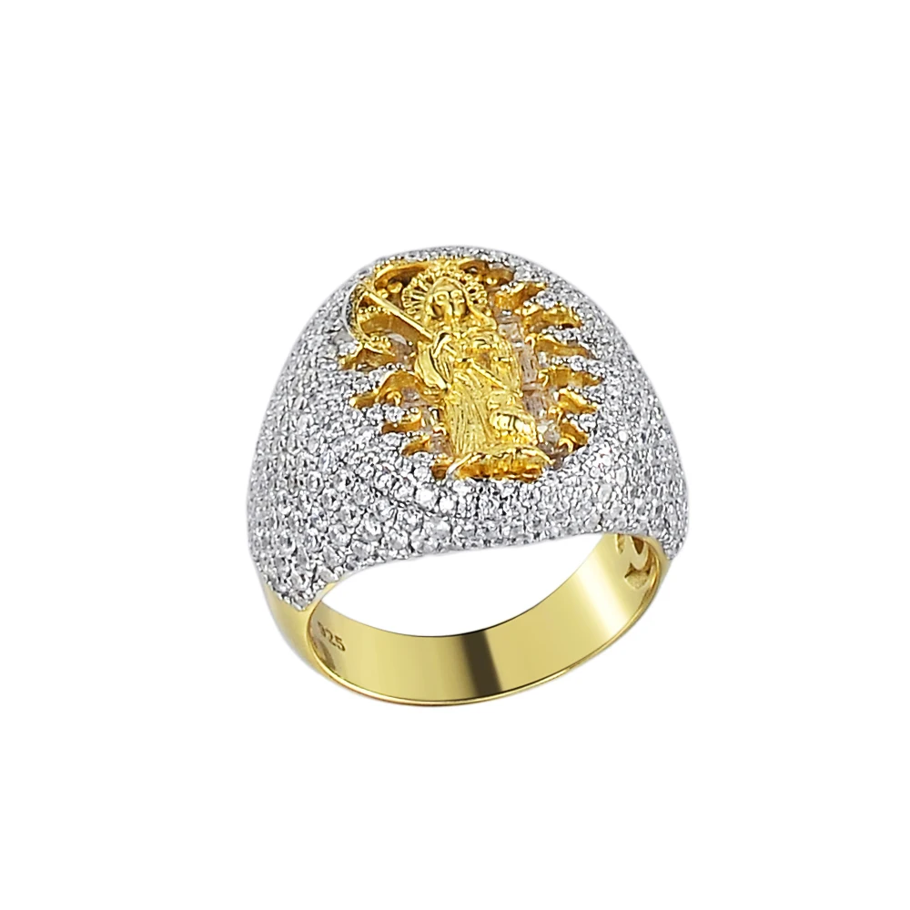 Luxury Jewelry Bling 925 Sterling Silver Halo Cz Stones Antique Yellow Gold Metal Plated Round Authentic Hip Hop Rings