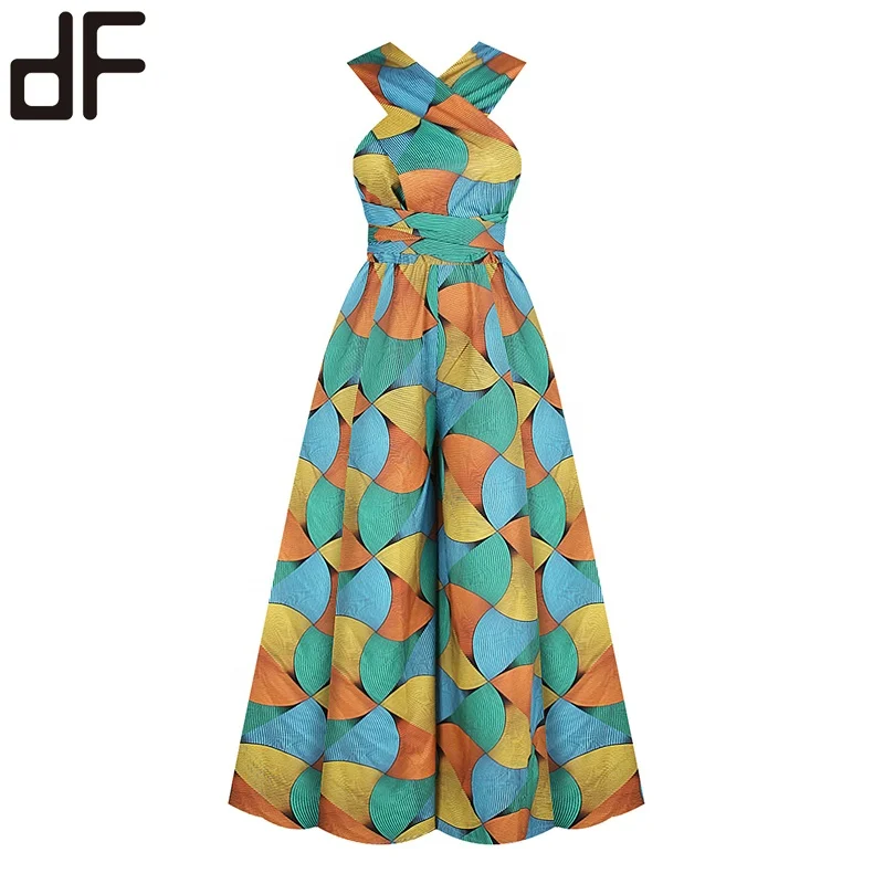 New Arrival African Women Clothes Plus Size Jumpsuits Rompers Windmill Printed Sexy V Neck Backless Night Club Wear Jumpsuits