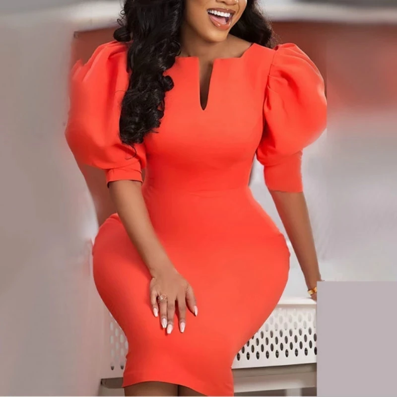 Short Lantern Sleeve Classy Dress Slim Vestido African Modest Women Elastic Elegant Bodycon Pencil Office Ladies Female Dresses