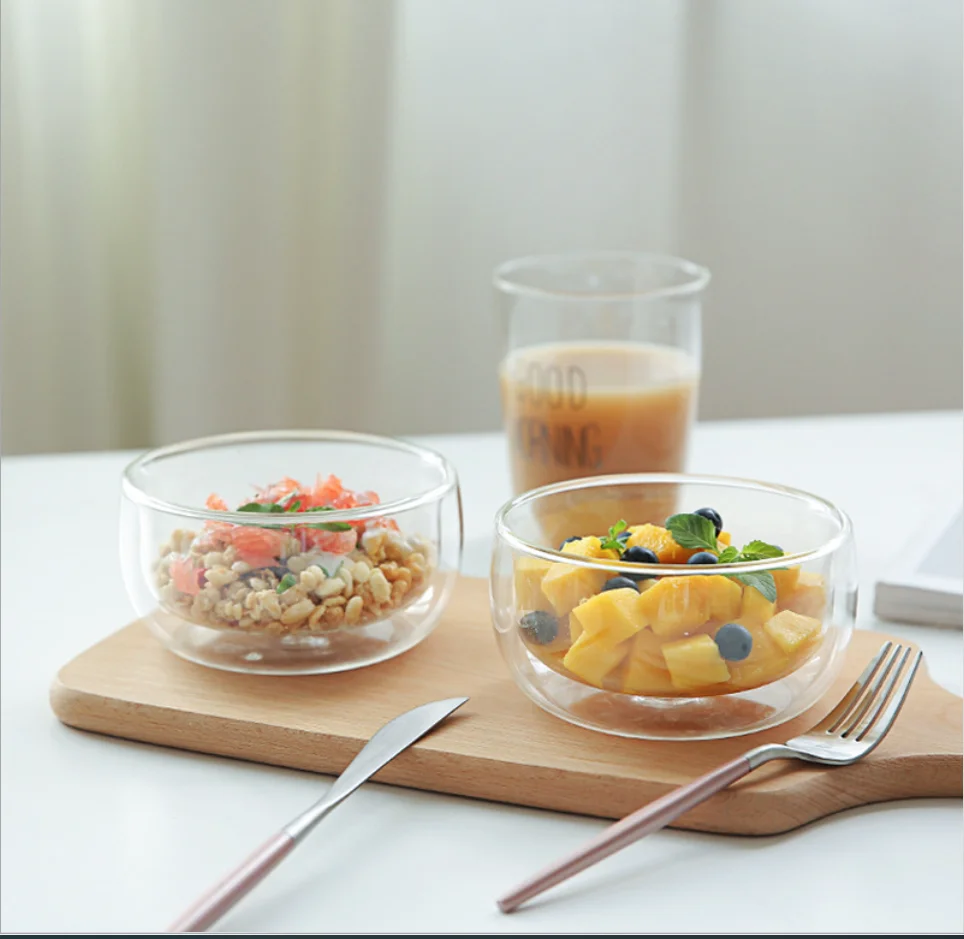 Wholesale 250ml 300ml 500ml 800ml 1000ml High Borosilicate Double Wall Glass Bowl Fruit Salad Bowl