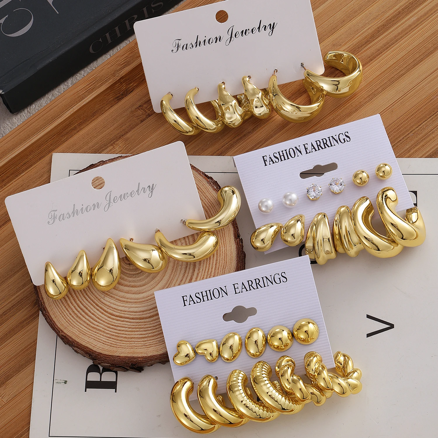 KISSWIFE 6 Pcs/Set 2024 New Trendy Wholesale Gold Plated Geometric Big Hoop Earrings Set For Women Jewelry