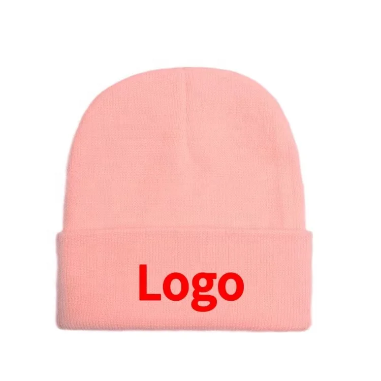 Unisex Pink Winter Beanie Hats for Adults Knitted Embroidery Logo Caps Custom Silk Satin Lined Lining inside