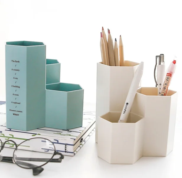 Hot Selling Home Office Accessories Plastic Hexagon Desk Pen Container Pencil Pen Holder