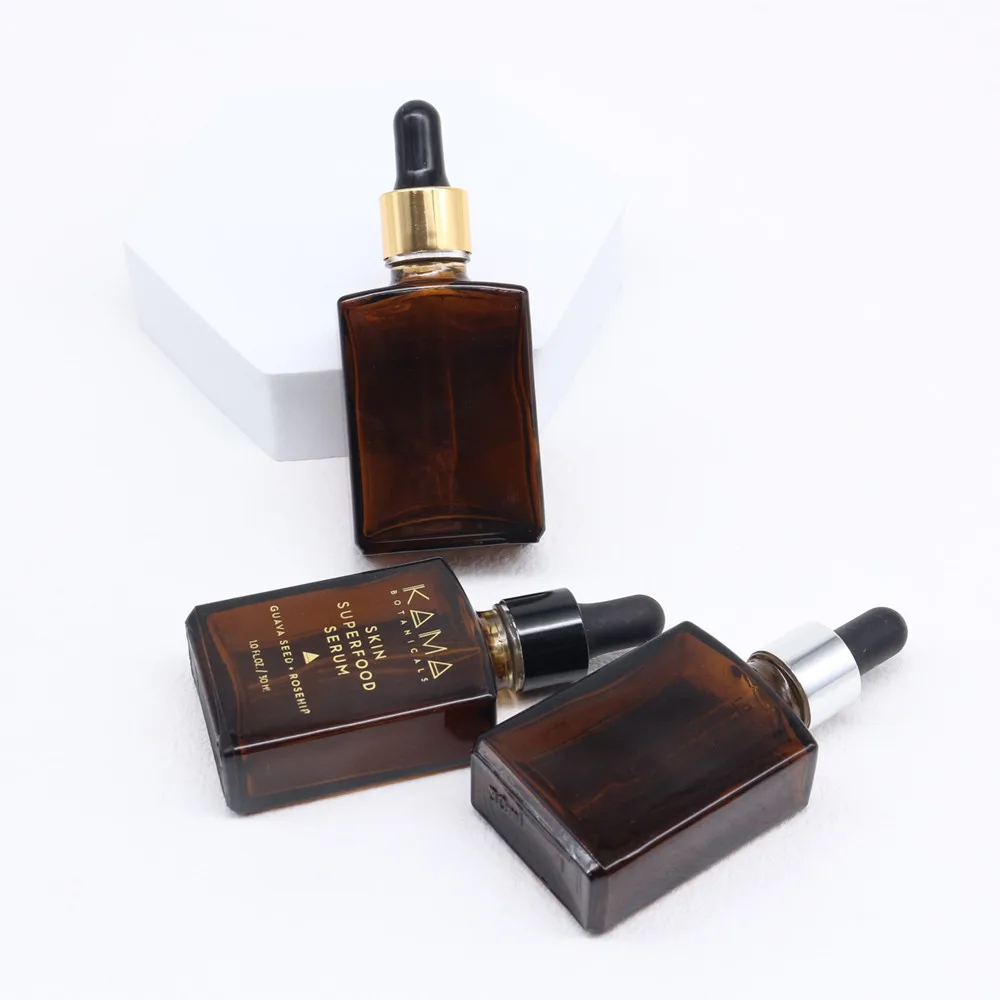 30ml Amber Rectangle Dropper Glass Bottle For Essential Oil Serum Cosmetic Packaging 30ml glass bottle