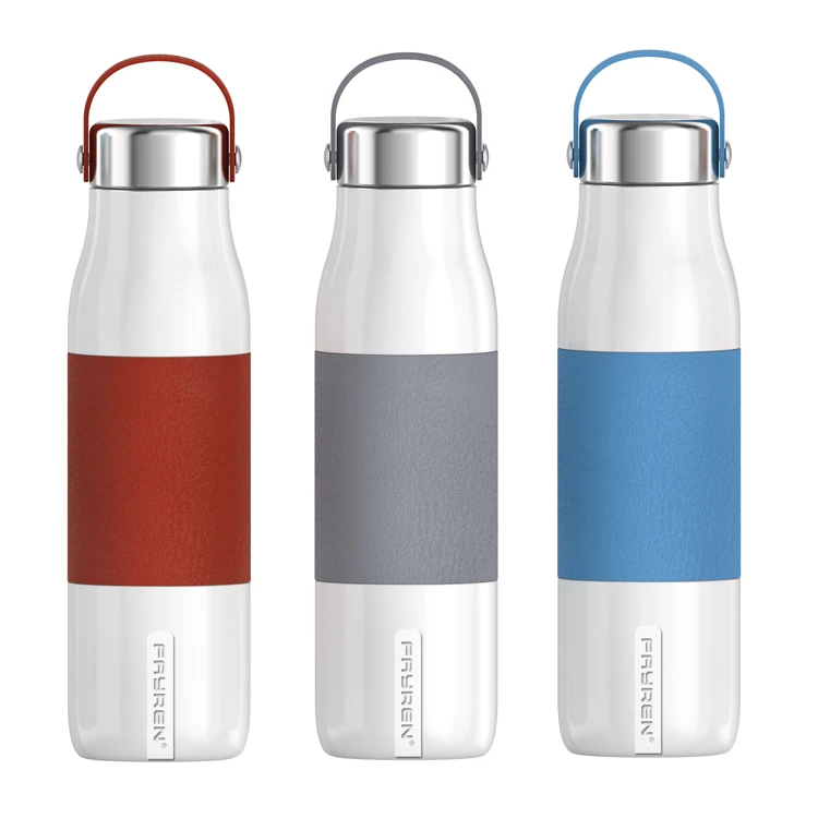 600ml Thermos Multi-color Water Bottles Double Wall Stainless Steel Insulated Vacuum Flask with PU Leather Sleeve And Handle