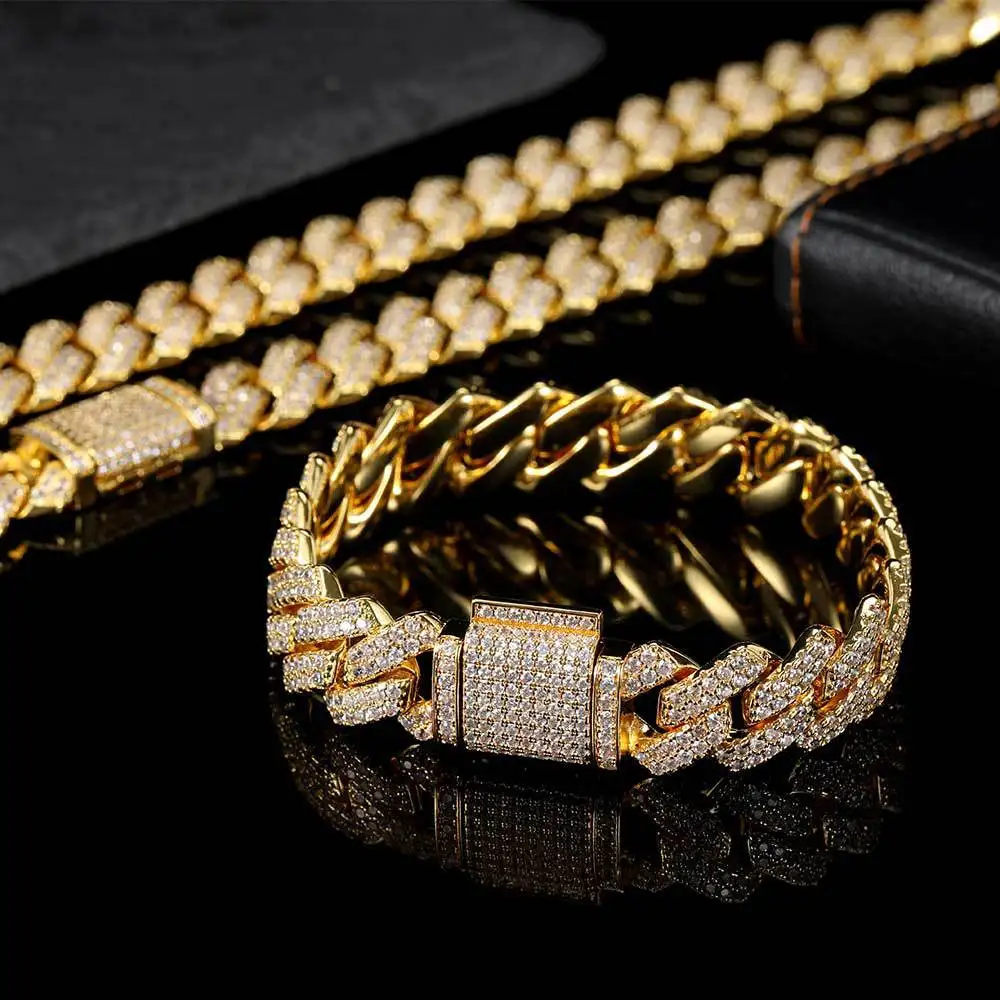 Verena Dropshipping Square 5A CZ Diamond Iced Out Hip Hop Jewelry Cuban Link Bracelet Gold Plated 14mm Chain & Link Bracelets
