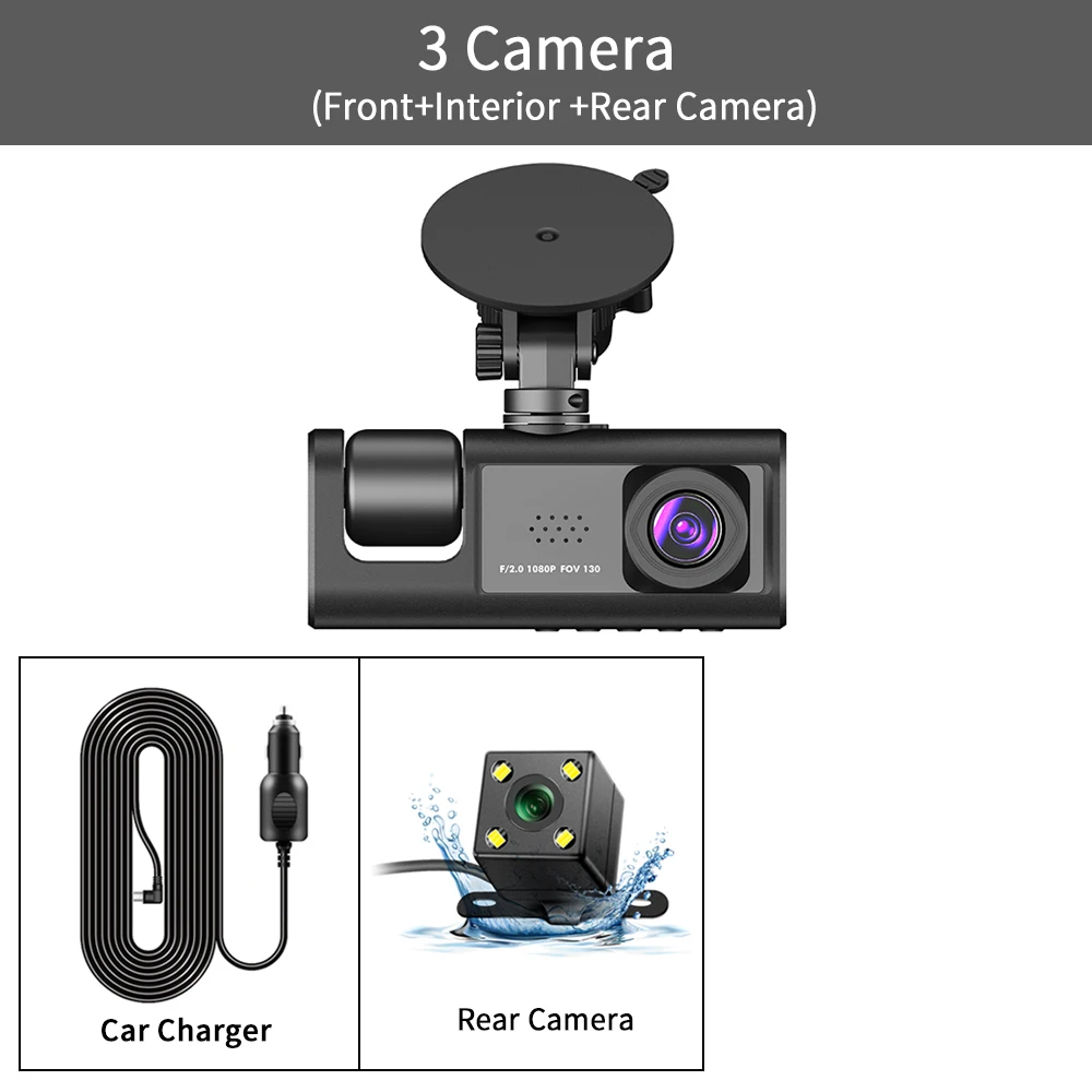 2 inch screen mini dashcam 3 channel car video camera front rear and inside dash camera 1080p 3 lens dash cam car dvr