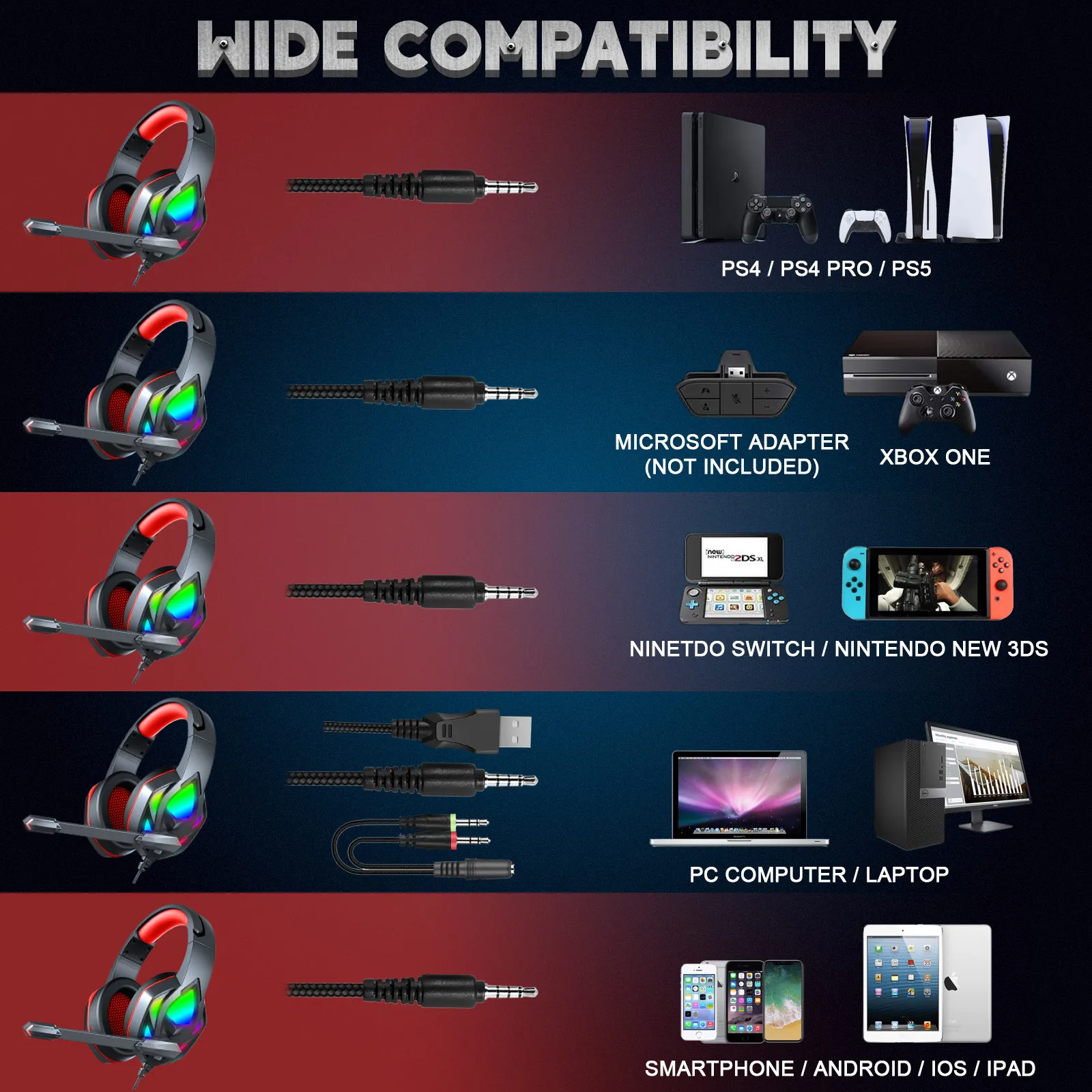 H100 head-mounted gaming headset dual noise reduction microphone with RGB lighting Compatible with computer xbox one ps4