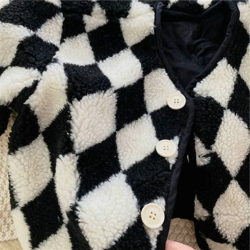 Winter Girls Jacket Kids Thick Coats Black and White Plaid Berber Fleece Faux Fur Outwear Kids Coat Warm Baby Outfits