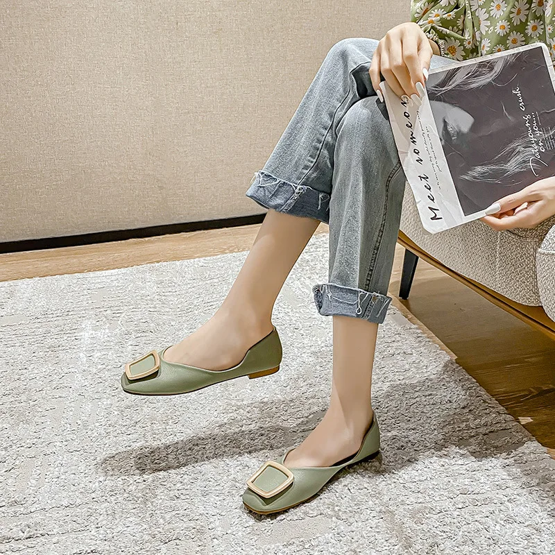 Custom Design Woman Apricot&Green Heelless Lightweight Soft Slip-on Lady Flat Shoes