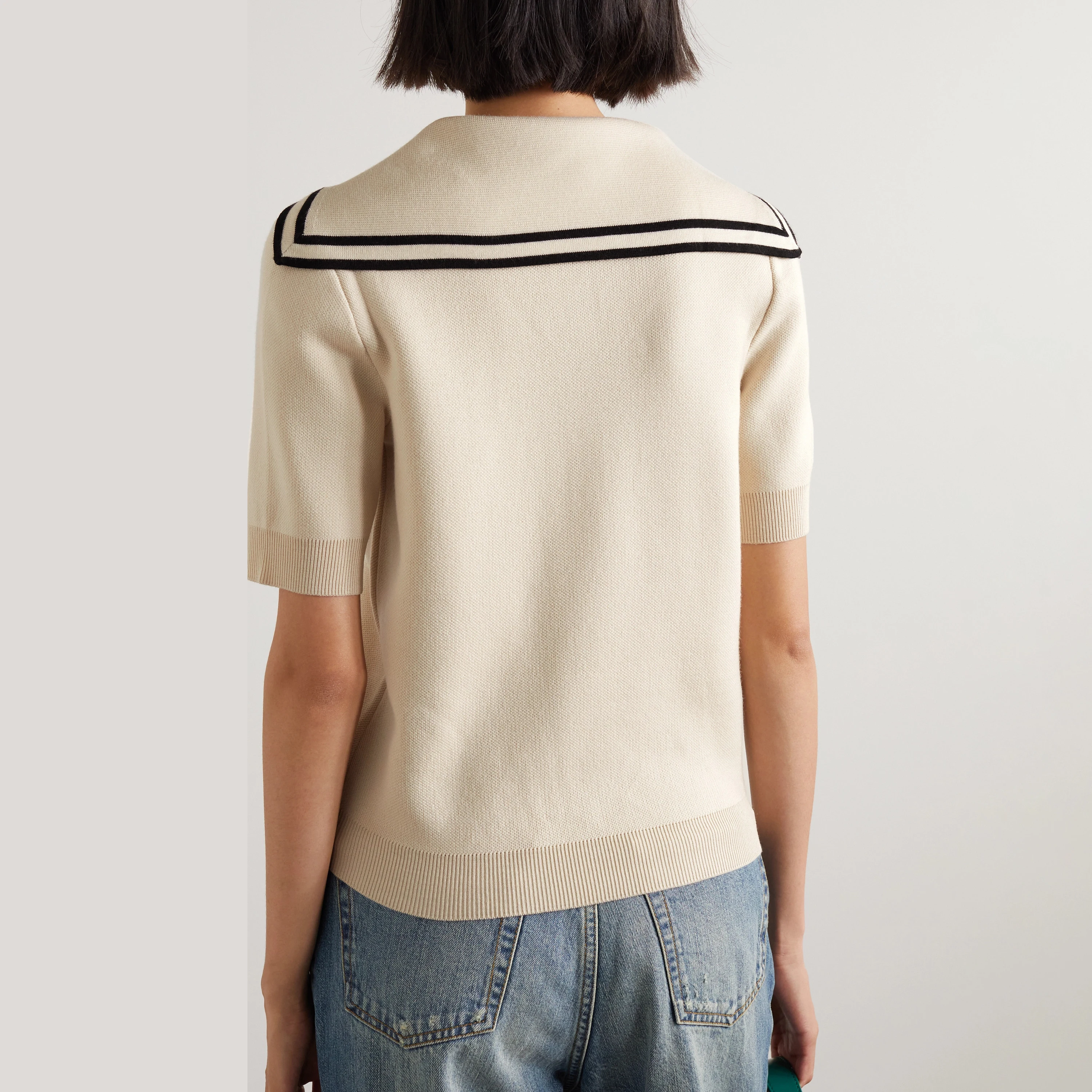 Custom summer short sleeve pocket stripe trim nautical style wool knitted polo shirt women