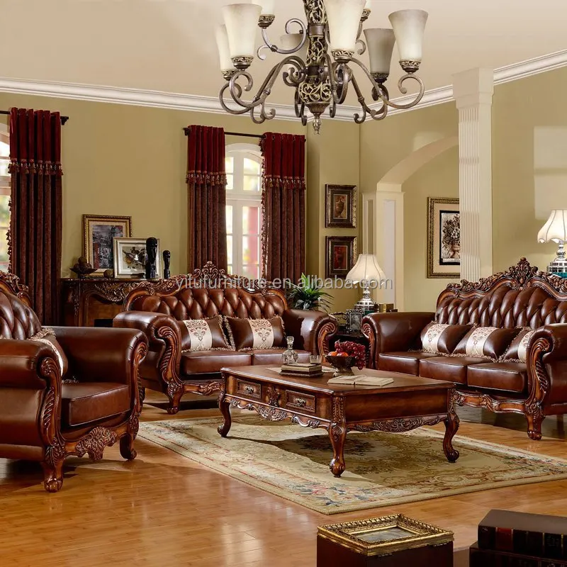 Classic American countryside 123 living room sofas European furniture designs antique couch oak wood carved leather sofa set