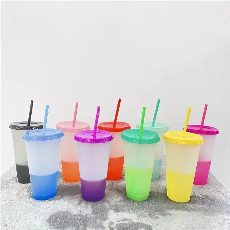 2024 Summer New Trend Reusable Cold Water Color Changing Plastic Cups With Lid And Straw