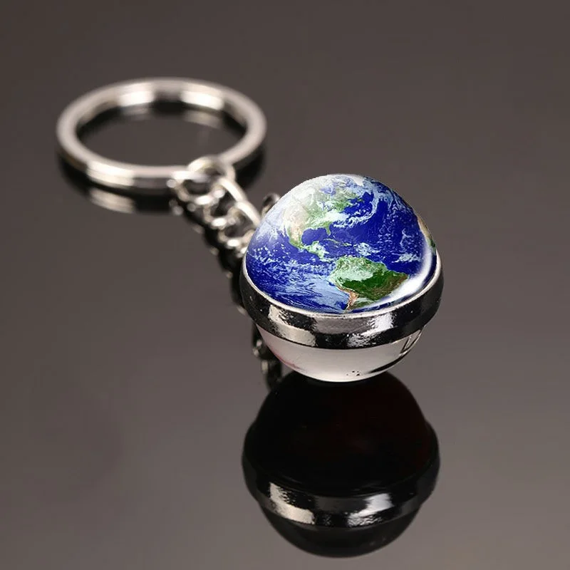 Sun Planet Moon & Galaxy Keychain Double-Sided round Glass Light Crystal Earth Keychain