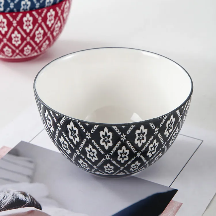 Japanese Korean Wholesale Pad Printing Cereal Rice Bowl 5 Inch Deep Bowl Ceramic Soup Noodle Bowls