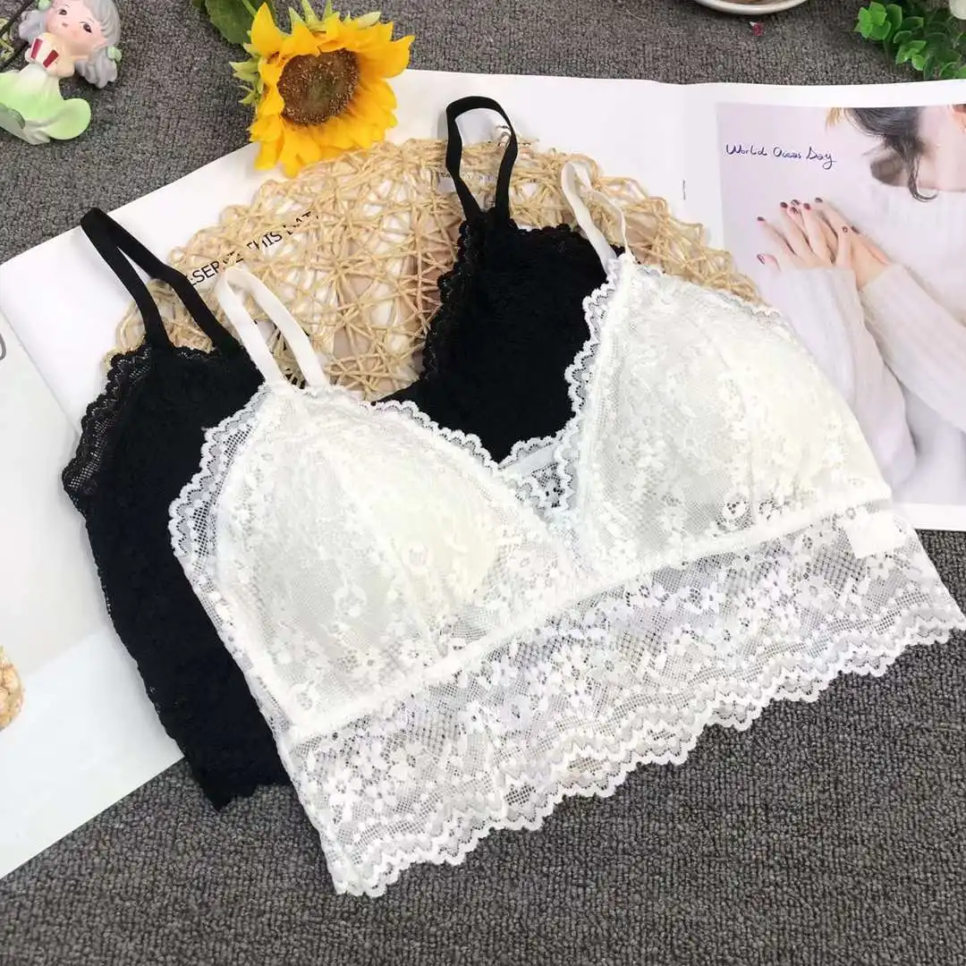 Low price in stock  design Fitness Wire Free beauty back deep V Lace Bra set triangle sports vest Lace bra