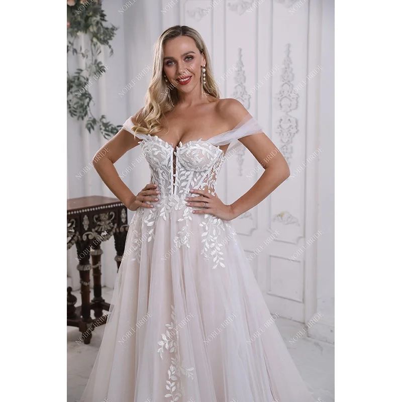 Hot Sexy Plunge V Leaf Applique Sheer Corset Women Off Shoulder Gown Glitter Tulle Sweetheart Bridal Wedding Dresses Elegant