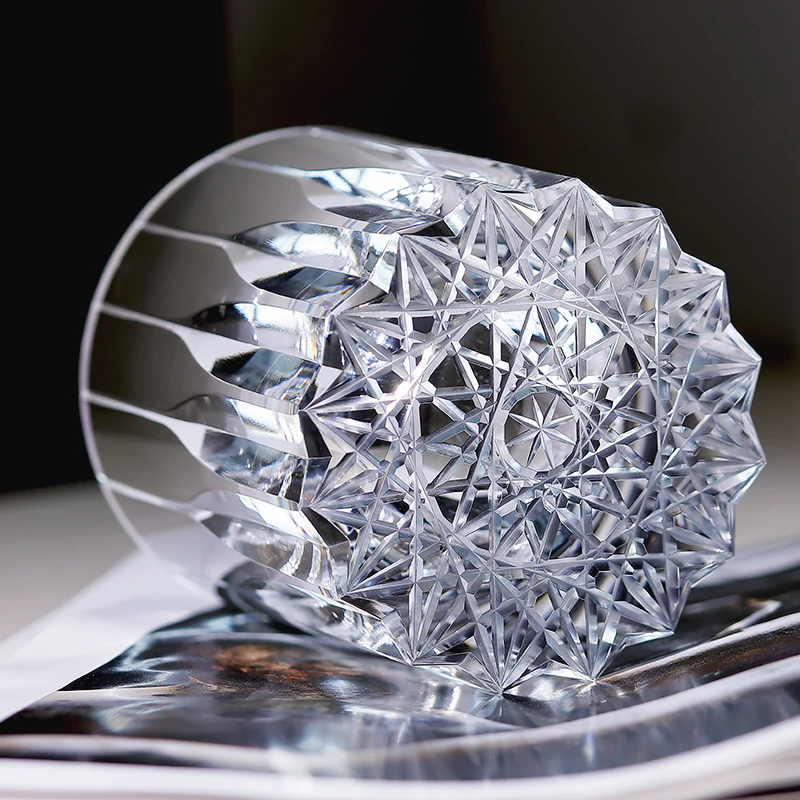 7 OZ  K9 Clear Crystal Engraving Cocktail Glasses With Hand Cutting Kaleidoscopic Whiskey Glass Tumbler Heavy