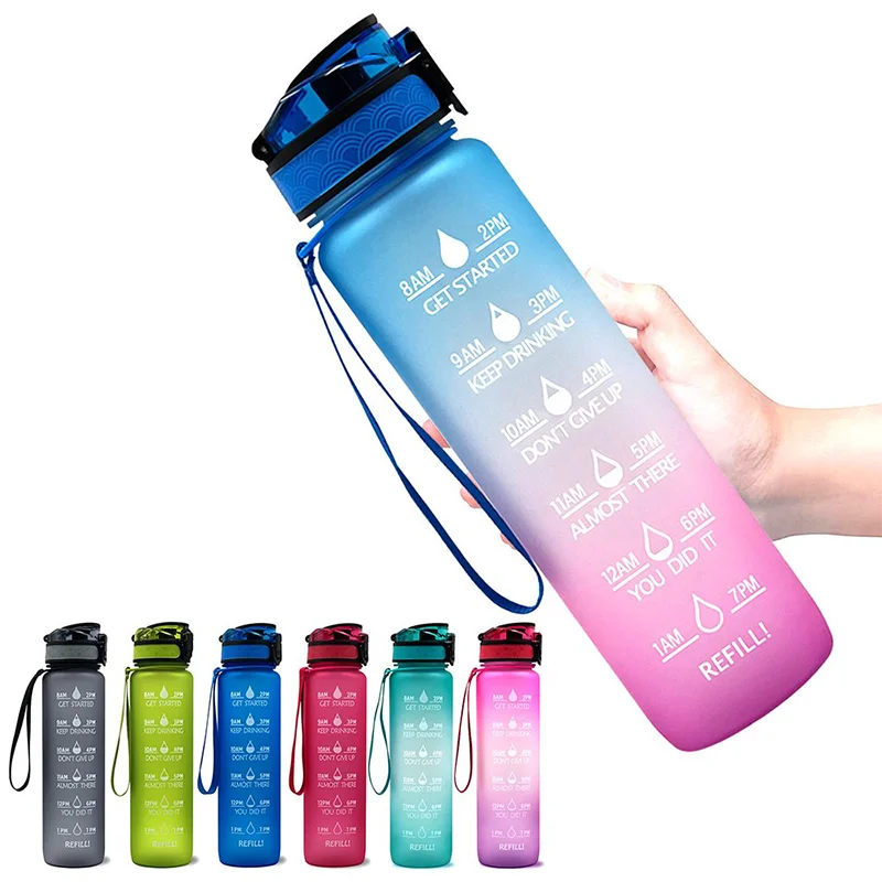 Custom Plastic Straw Strainer Filter Gym Sports 1L 32oz  BPA Free Tritan Motivational Water Bottle With Time Marker