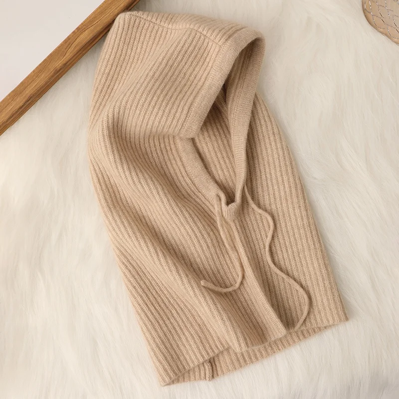 Custom Women Beanies Pure cashmere balaclava Winter hats cute drawstring rib knitting cashmere beanies balaclava