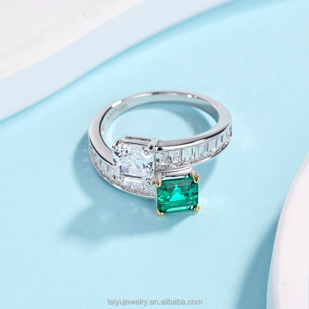 TY Open Ring Zirconia CZ Elegance 925 Sterling Silver for Women Rectangle Stone Pagoda Green Cusp Crystal Adjustable Open Ring