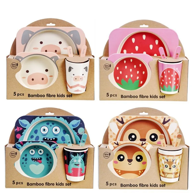Wholesale 26 Paragraph Cartoon Animal Shape Dinner Baby Plates 5-piece Bamboo Fiber Dinner Plate Divided For Children Set