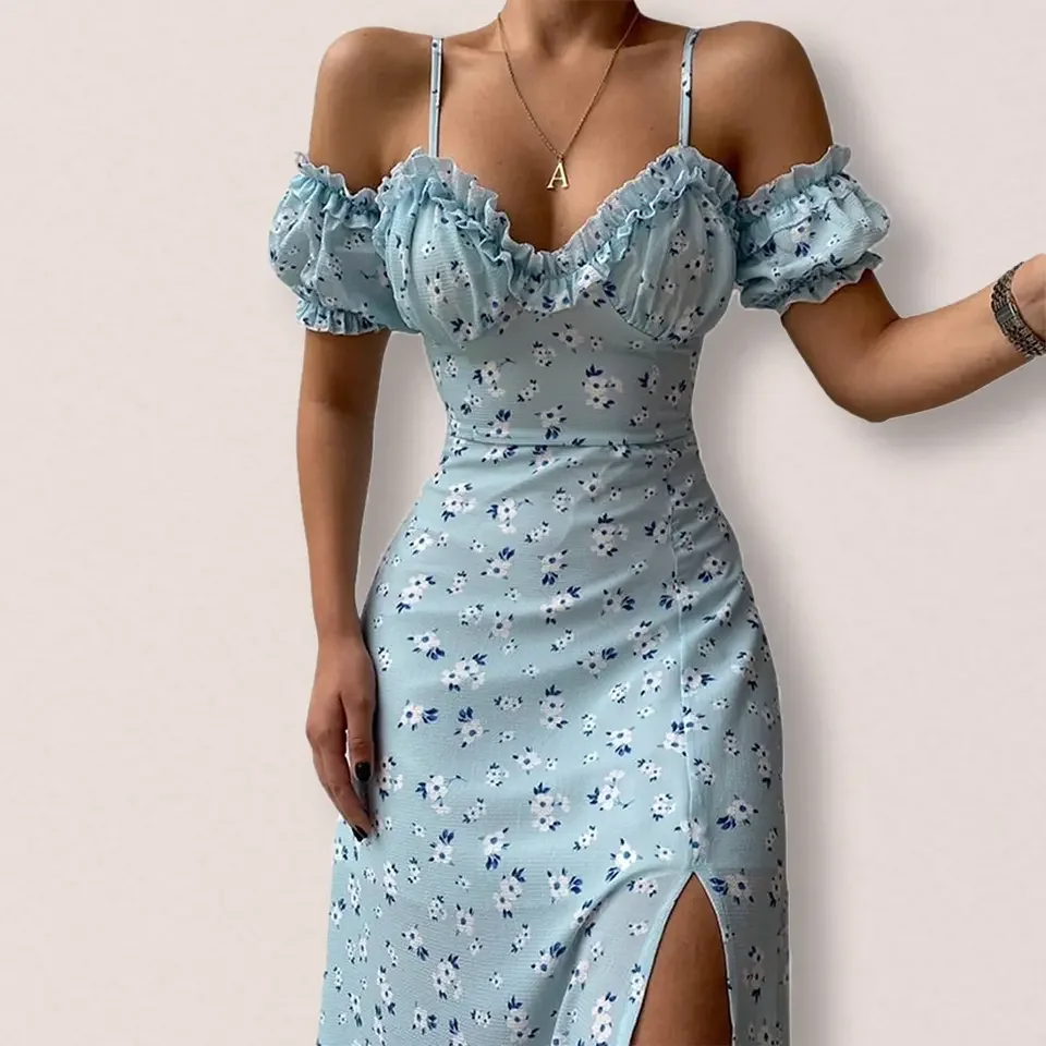 HIgh Quality Summer Print Slit Woman Dress Irregular Off Shoulder Evening Lady Dress