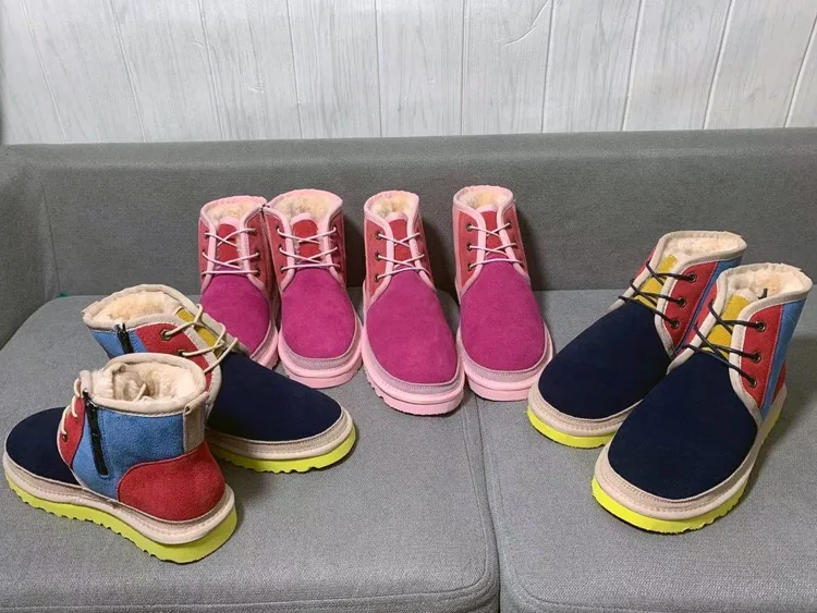 Mens womens kids red blue brown color real sheep skin plush fur snow winter warm boots  wool boots