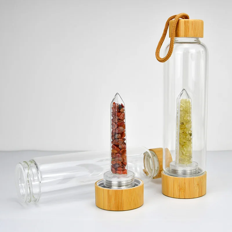 Natural Healing Gemstone Glass Drinking Water Bottle Bamboo Lid Crystal Infused Water Bottle