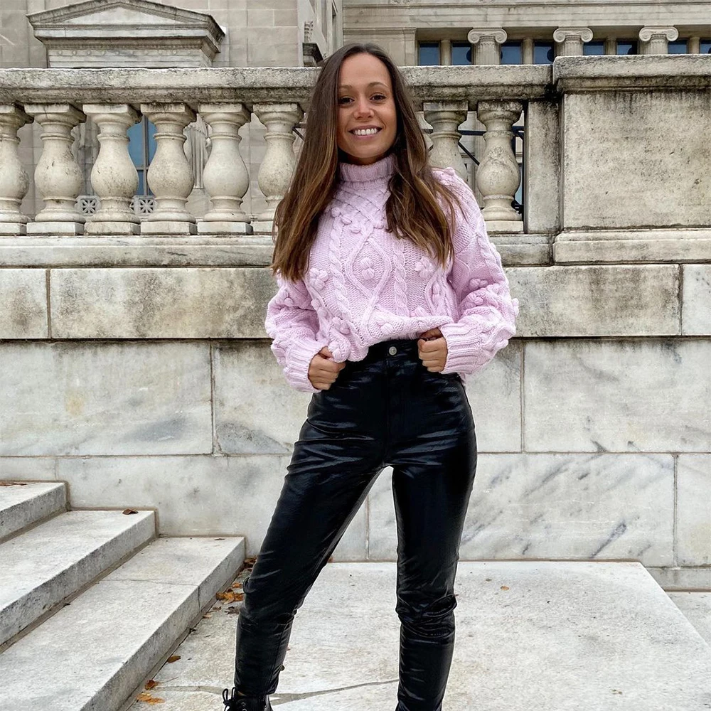 Зимний мешковатый свободный трикотажный женский розовый пуловер с рукавами-фонариками и вышивкой