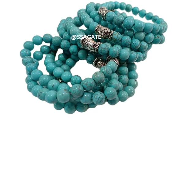 Natural 8mm Turquoise Agate Beads Bracelet with Buddha Logo Elastic Healing Crystal Beads Stone Material Eye Shape Online Sale