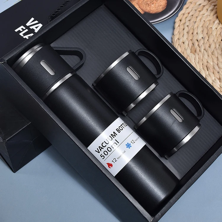 Promotional Drinking Cup Business 500ml Water Bottle 304 Stainless Steel Vacuum Flask Gift Set with Gift Box & 3 Cup Lid