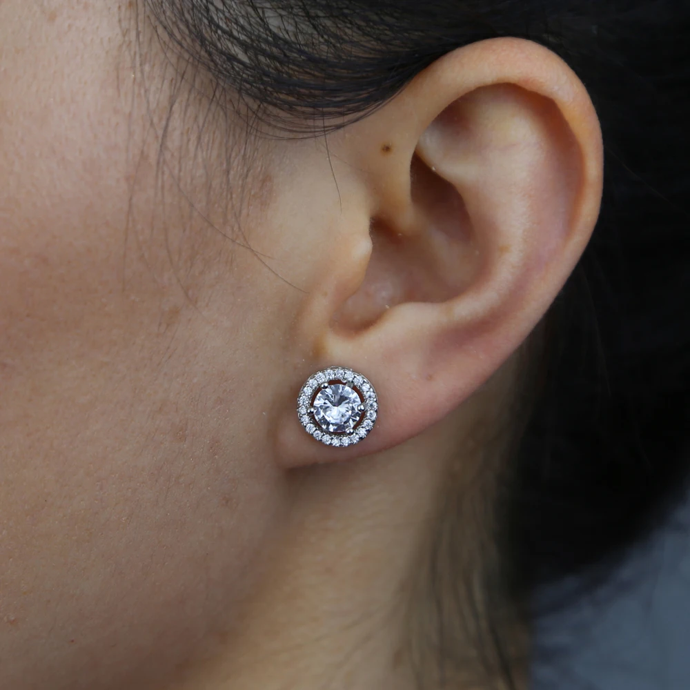 iced out bling CZ geometric stud round halo design sparking diamond stud earring