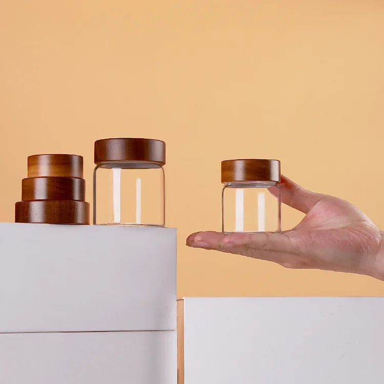 Wholesale Diameter 47mm Glass Bottles with Acacia Wood Lid  for Sample Sub Bottle Storage Bottles Jars