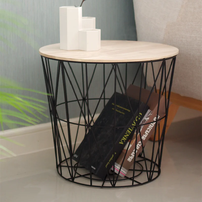 Металлическая проволочная корзина для домашнего хранения, круглый журнальный столик с крышкой из массива дерева