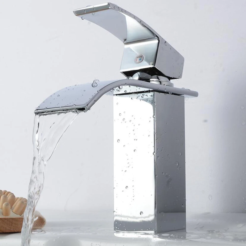 Single handle standing deck mounted hot and cold water bathroom basin mixer taps handwash waterfall basin faucet