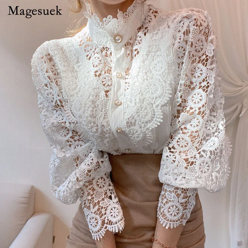 Autumn sexy tops Hollow Sexy Blouse Plus Size Stand-Up Collar White Tops Lace Long Sleeve Fashion Women Shirt embroidery blouse