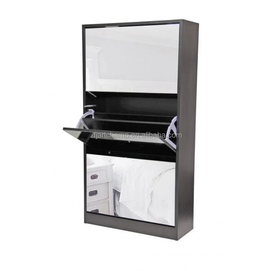 Modern Living Room Furniture Wood Rotating Storage Mirror Shoes Rack Cabinet with Glass Door