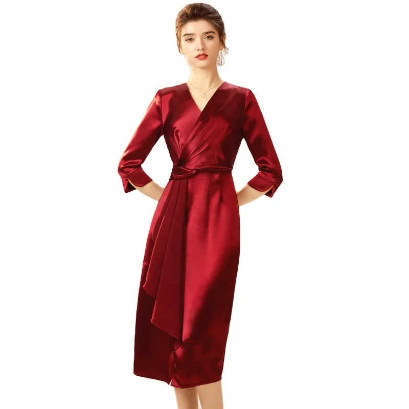 2022 factory custom Red pure silk v-neck short sleeves 100% silk fabric silk dress