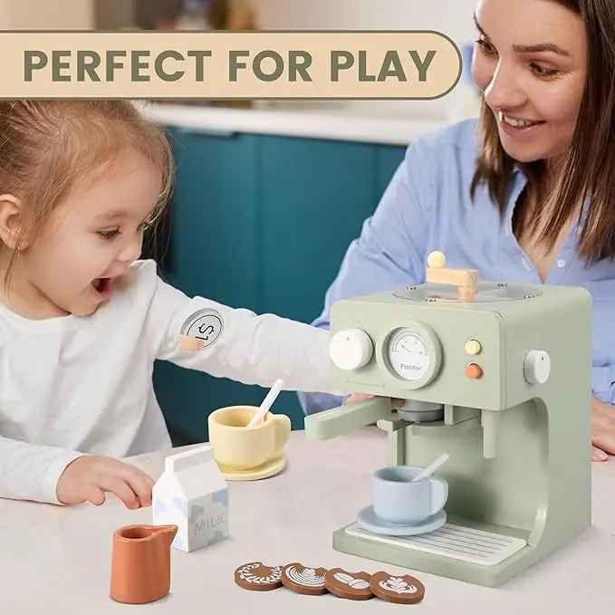 Wooden Coffee Maker Toy with Grinder  Pretend Play Kitchen Appliances & Accessories Toy Gift for Kids Toddlers