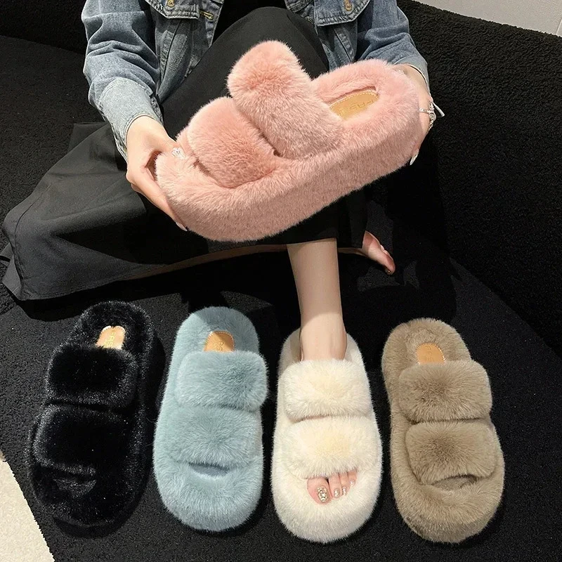 Women Warm Winter Furry Fur Shoes Fluffy Plush Sneaker Slippers Home House Indoor Shoes Bedroom Slippers Female Ladies Round Toe