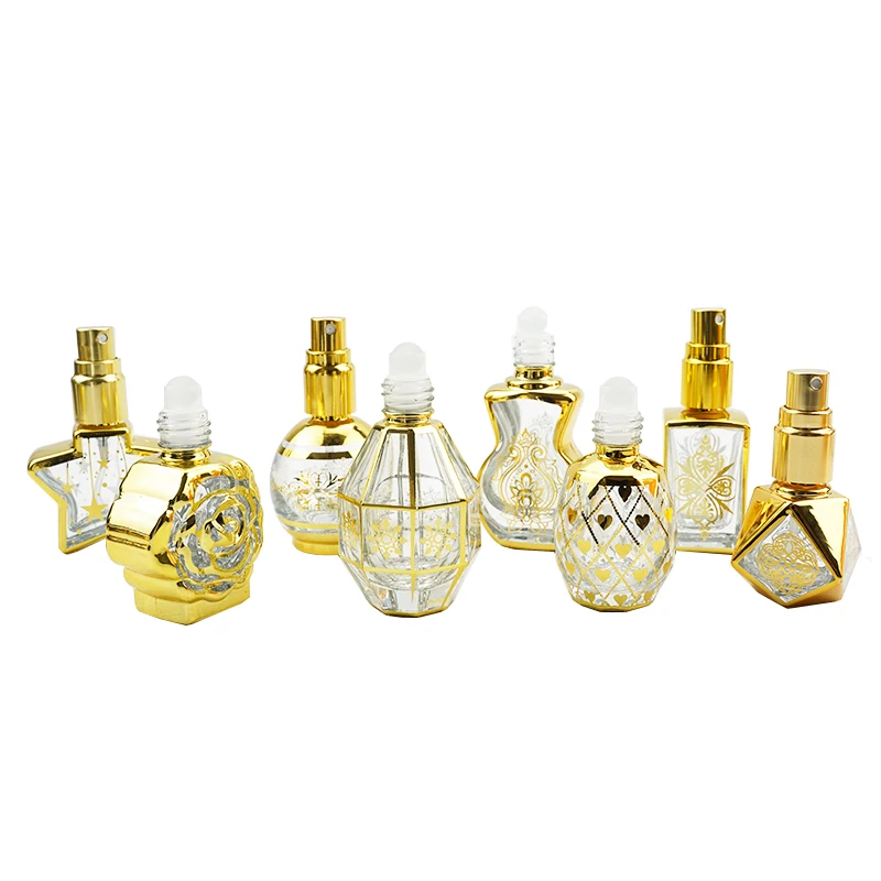 Arabic Custom Electroplating Engraving 10ml Fancy Attar Glass Perfume Roll On Bottles With Gold Cap