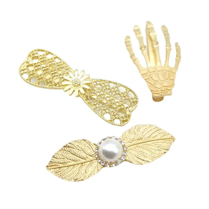 Online celebrity metal hairpin, golden finger leaf bow hairpin, girl retro temperament duckbill clip