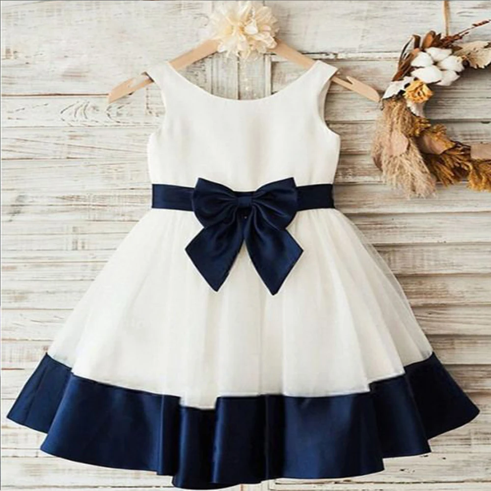 navy bow belt girls dresses white flower girl dresses
