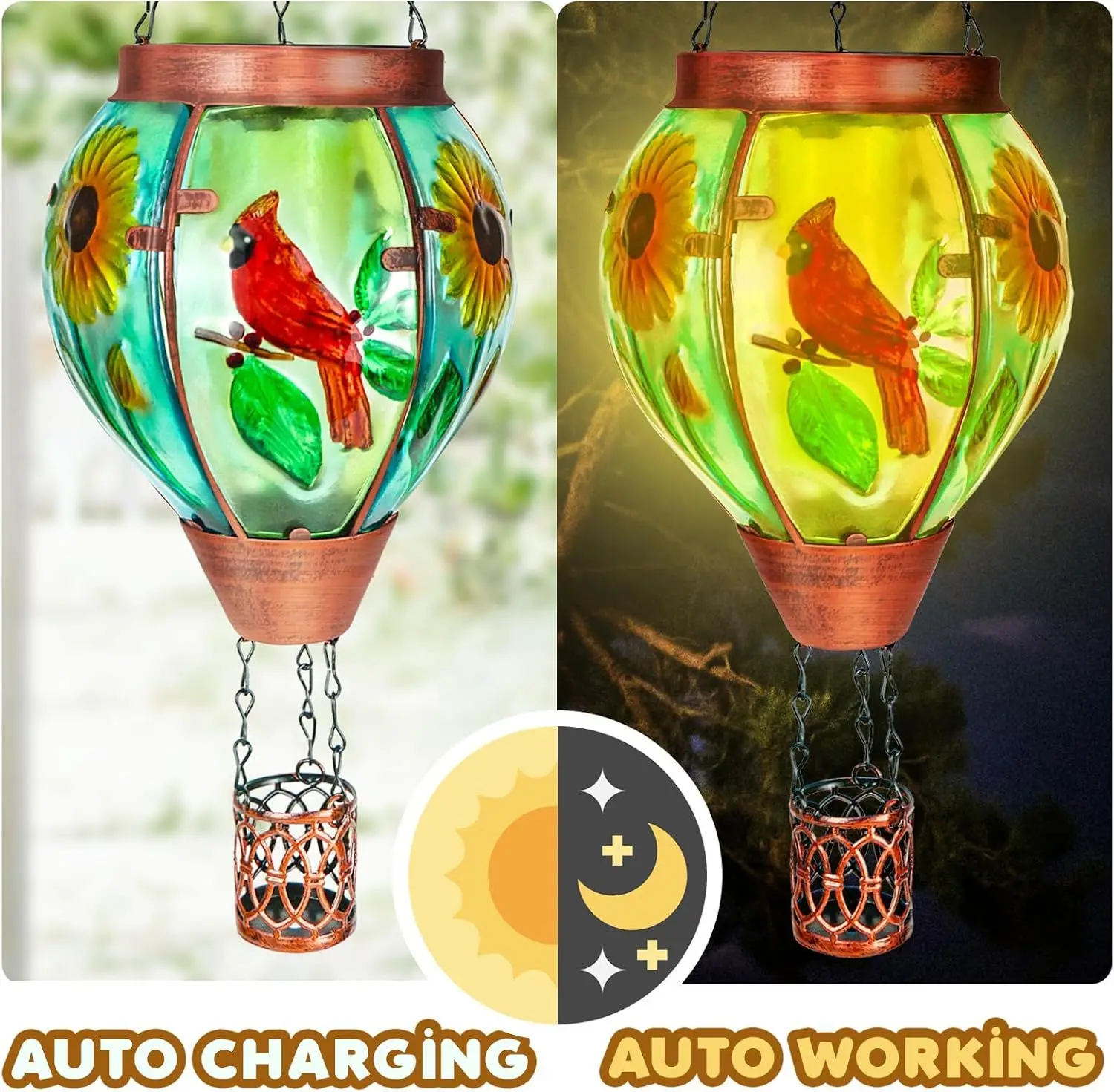 Solar Hot Air Balloon Lantern with Flame Cardinal Glass Outdoor Garden Hanging Solar Lights