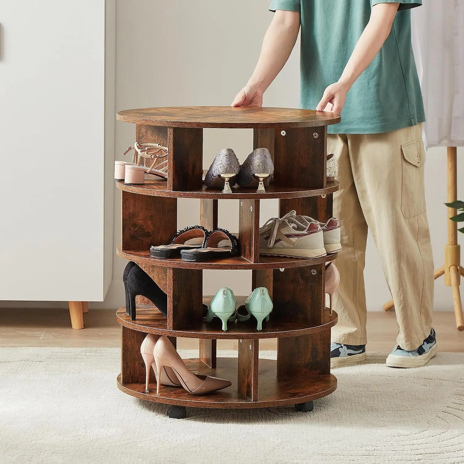 Wooden 4-Tier Revolving Shoe Rack Storage Organizer Shoe Cabinet on Wheels Rotating Shoe Rack