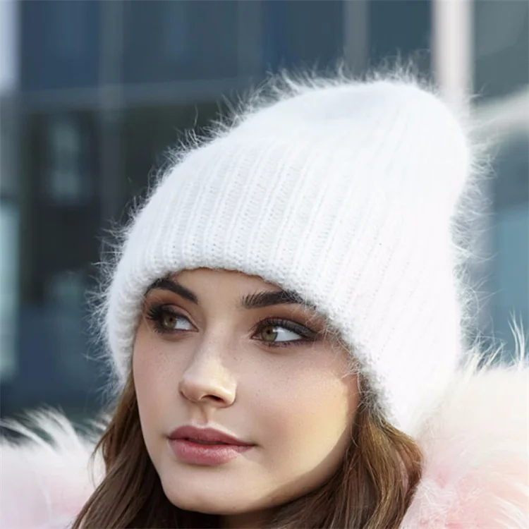 Custom Angora Wool Knit Hat Fluffy Angora Beanie Girls Grey Winter Wool Knitted Slouchy Hat