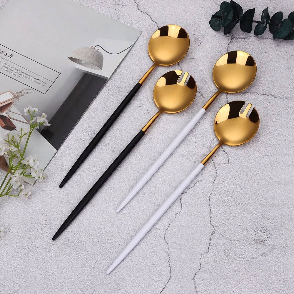 luxury glossy gold long handle salad serving spoon and fork 18-10 stainless stainless durable salad mixing utensil cutlery set